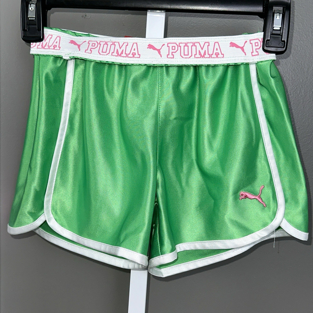 PUMA Girls Shorts Size 8 Green Pink Shiny Dazzle Dolphin Athletic Y2K Style